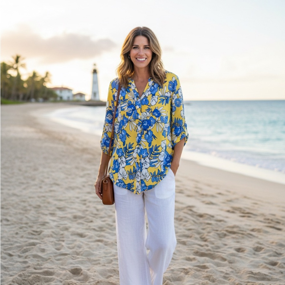 Ruby Rd. Blue & Yellow Tropical Floral Button Down Blouse XL - Picture 2 of 9